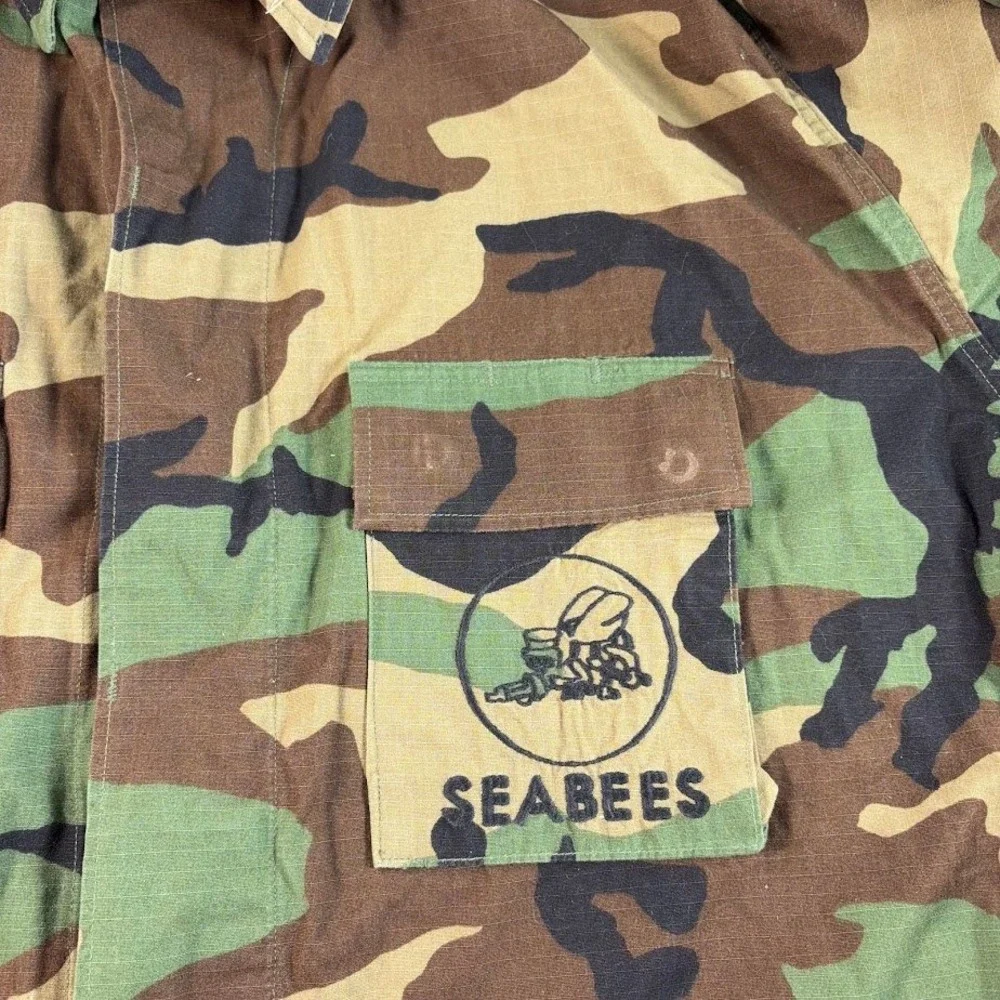 VTG 90s US Navy Seabees Woodland Camo BDU Coat XL Regular NSN 8415-01-390-8555